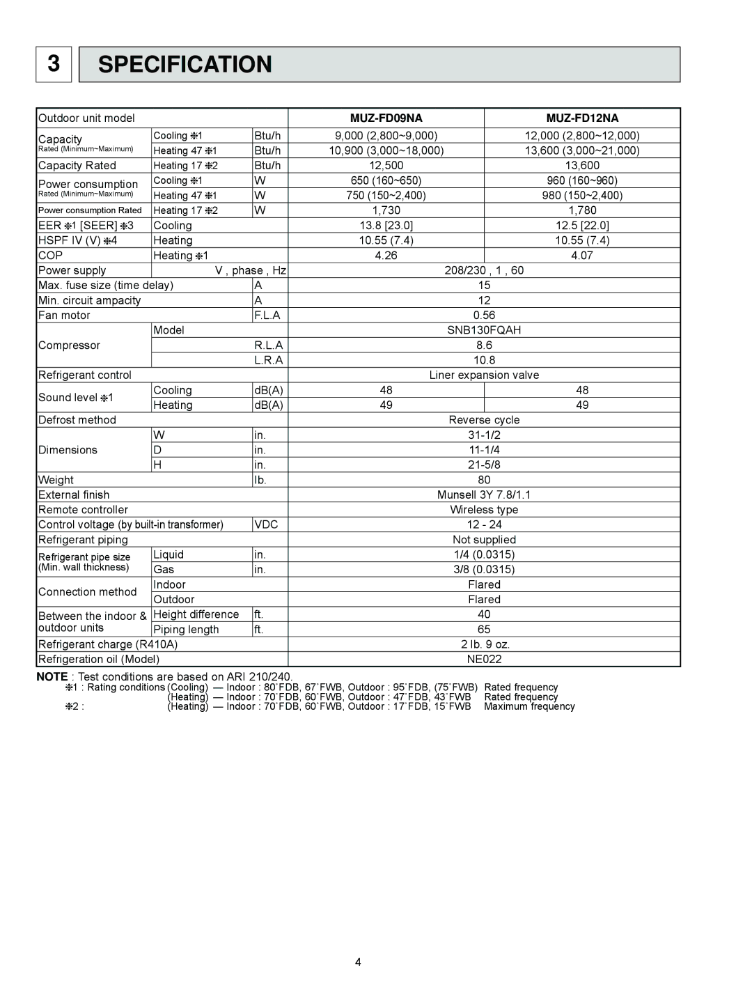 Mitsubishi Electronics MUZ-FD09NA- U1, MUZ-FD12NA- U1 service manual Specification, MUZ-FD09NA MUZ-FD12NA 