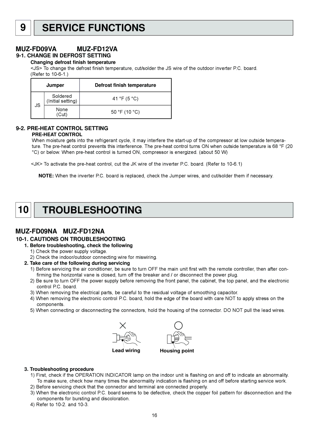 Mitsubishi Electronics MUZ-FD09NA Service Functions, Troubleshooting, Change in Defrost Setting, PRE-HEAT Control Setting 