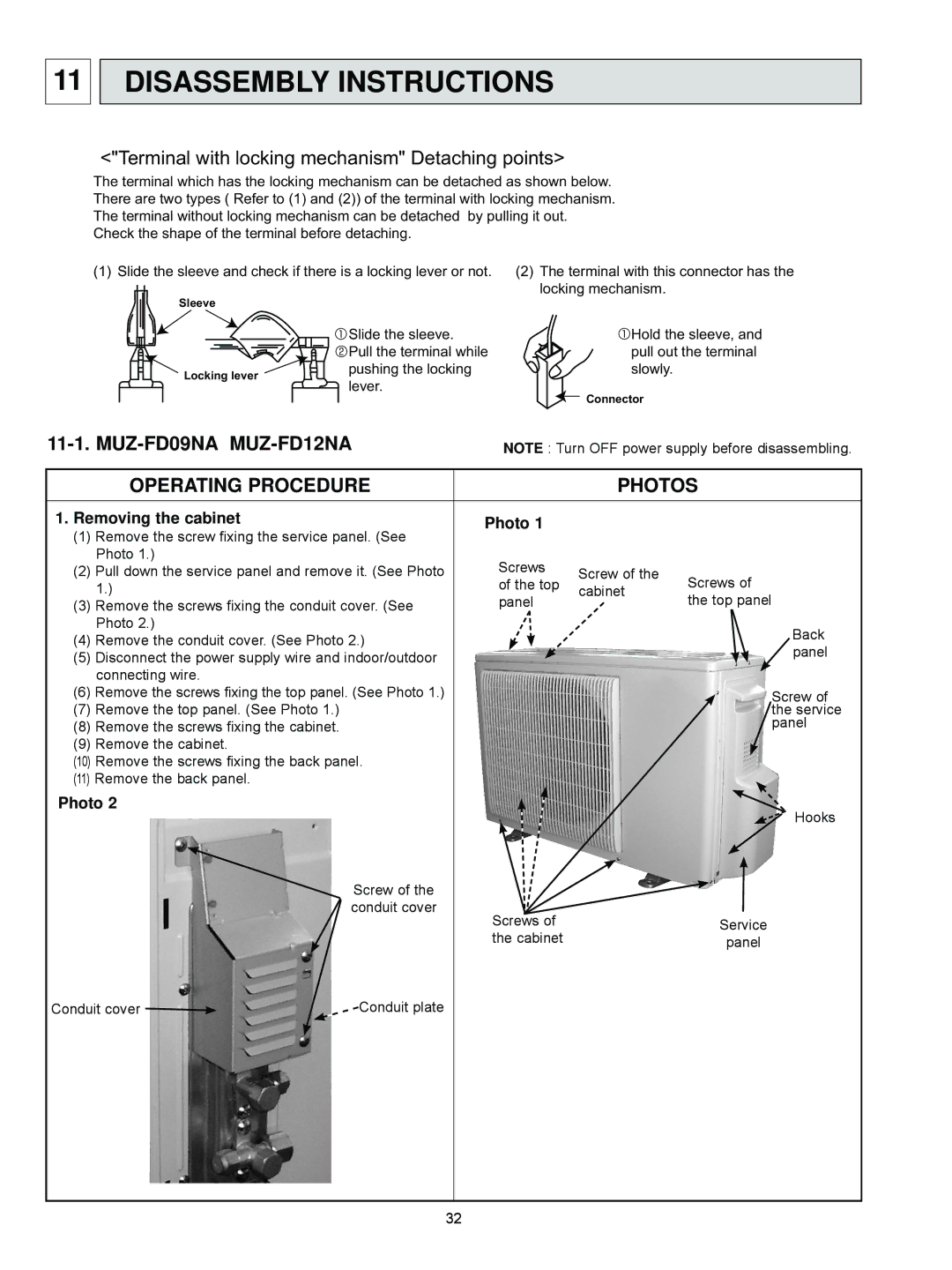 Mitsubishi Electronics MUZ-FD09NA service manual Disassembly Instructions, Removing the cabinet Photo 