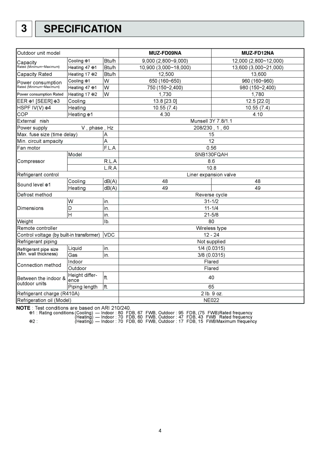 Mitsubishi Electronics service manual Specification, MUZ-FD09NA MUZ-FD12NA 