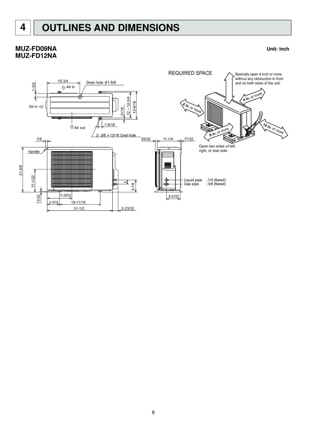 Mitsubishi Electronics MUZ-FD09NA service manual Outlines and Dimensions, Required Space 