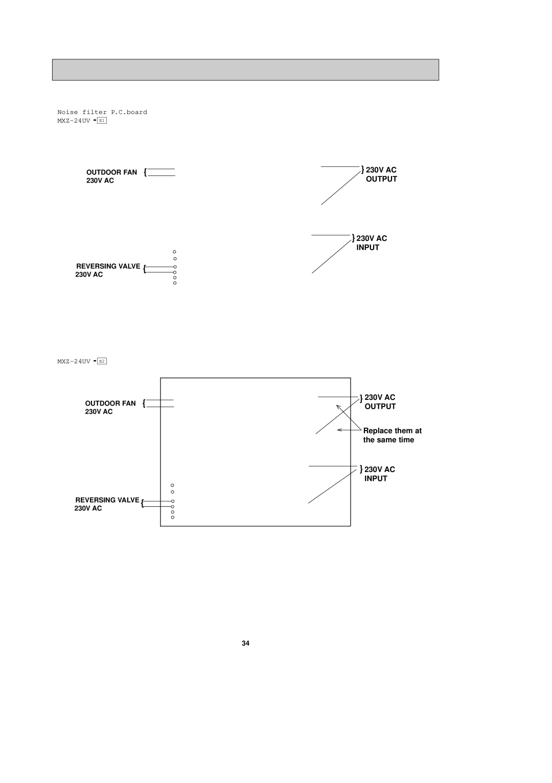 Mitsubishi Electronics MXZ-24UV - E2 Noise filter P.C.board MXZ-24UV E1, Outdoor FAN 230V AC Reversing Valve 230V AC 