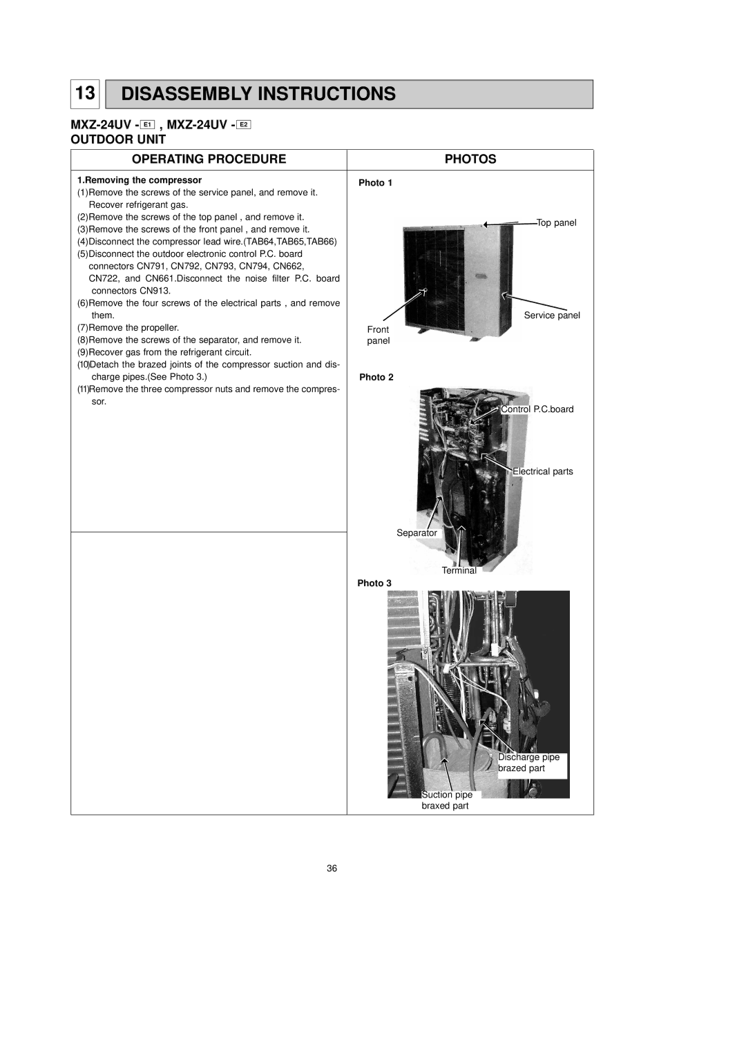 Mitsubishi Electronics MXZ-24UV - E2 service manual Disassembly Instructions, Outdoor Unit Operating Procedure Photos 