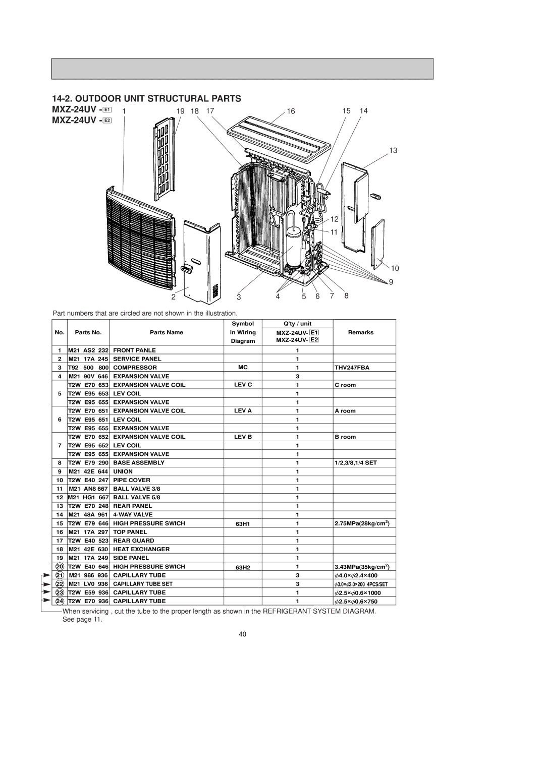 Mitsubishi Electronics MXZ-24UV - E2 service manual Outdoor Unit Structural Parts MXZ-24UV E1, 6 7 