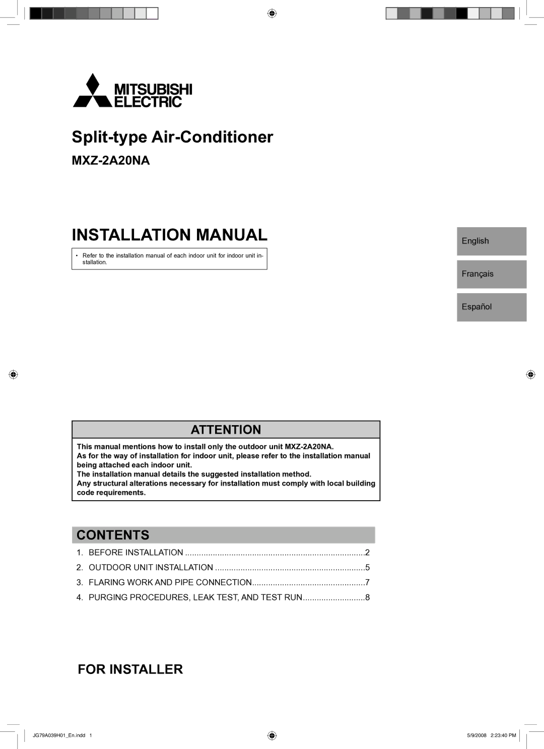 Mitsubishi Electronics MXZ-2A20NA installation manual Installation Manual 