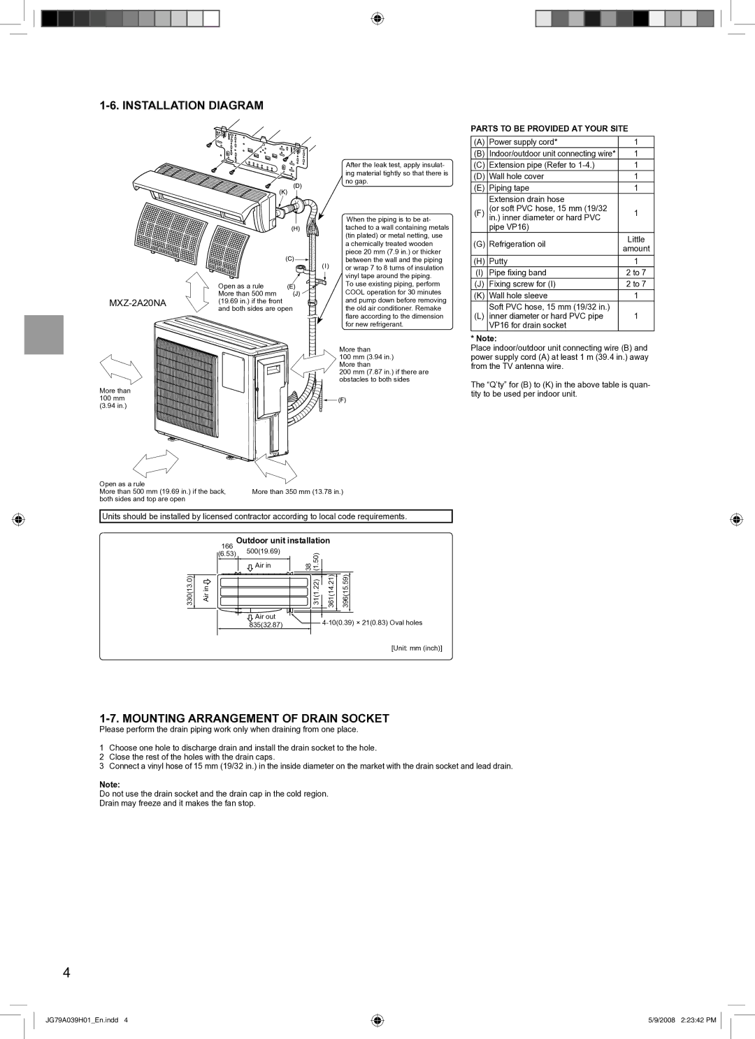 Mitsubishi Electronics MXZ-2A20NA Installation Diagram, Mounting Arrangement of Drain Socket, Outdoor unit installation 