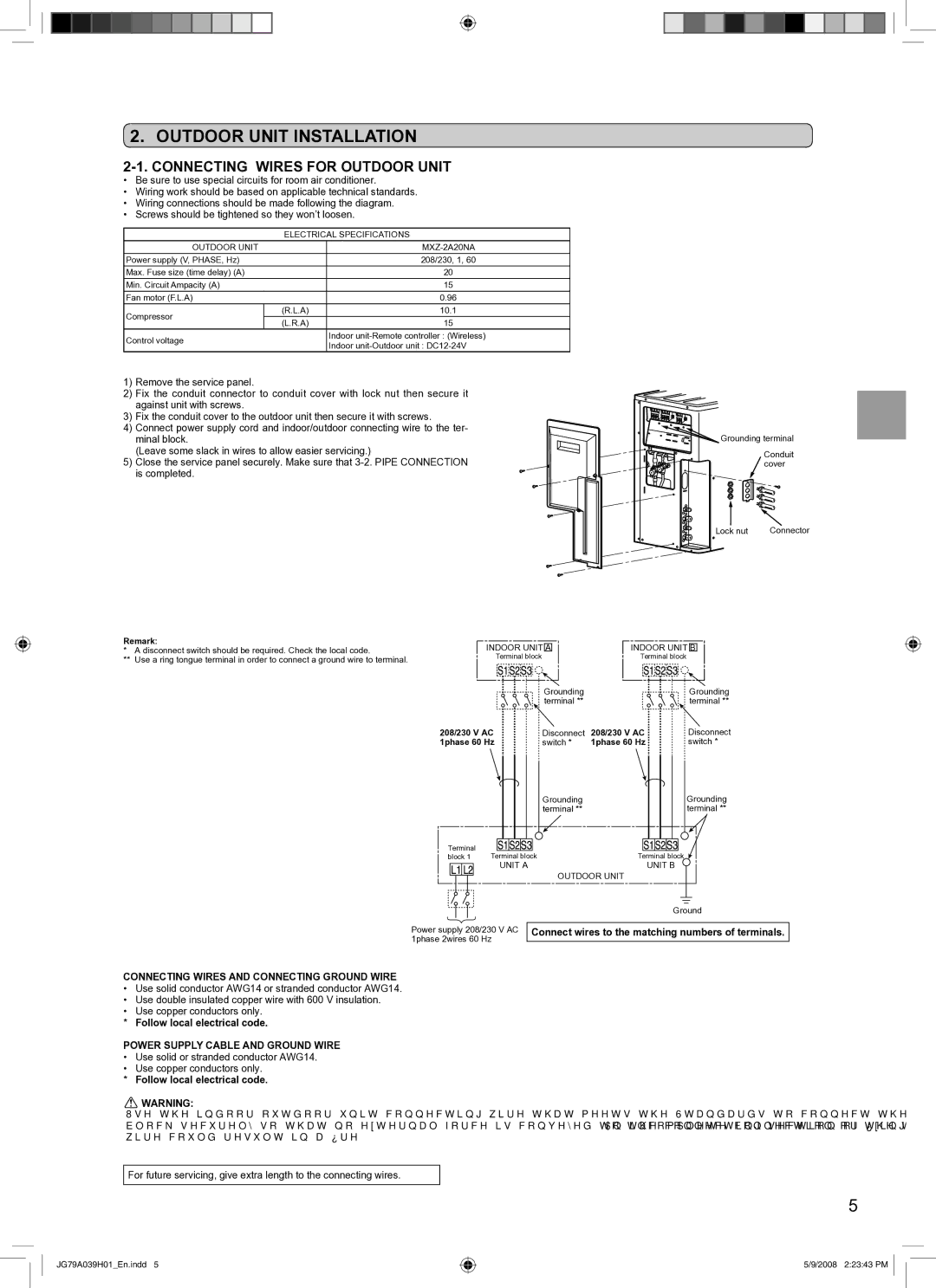 Mitsubishi Electronics MXZ-2A20NA installation manual Outdoor Unit Installation, Connecting Wires for Outdoor Unit 