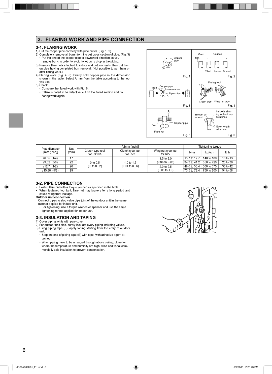 Mitsubishi Electronics MXZ-2A20NA Flaring Work and Pipe Connection, Insulation and Taping, Outdoor unit connection 