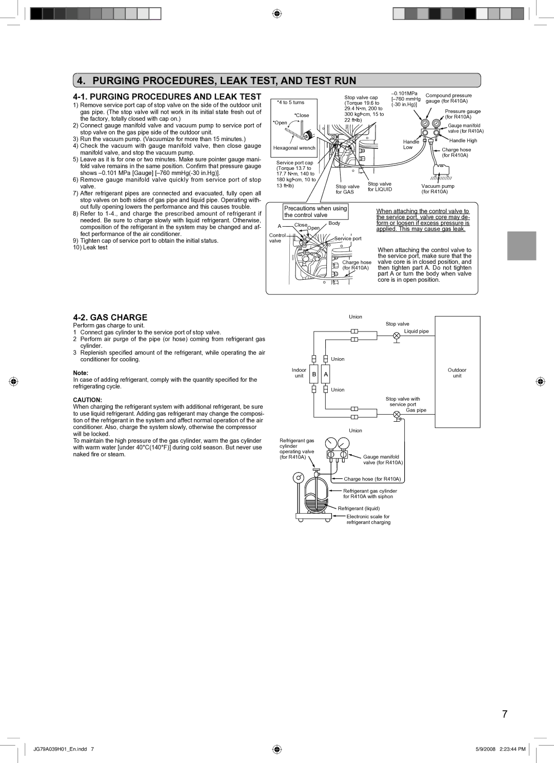 Mitsubishi Electronics MXZ-2A20NA Purging PROCEDURES, Leak TEST, and Test RUN, Purging Procedures and Leak Test 