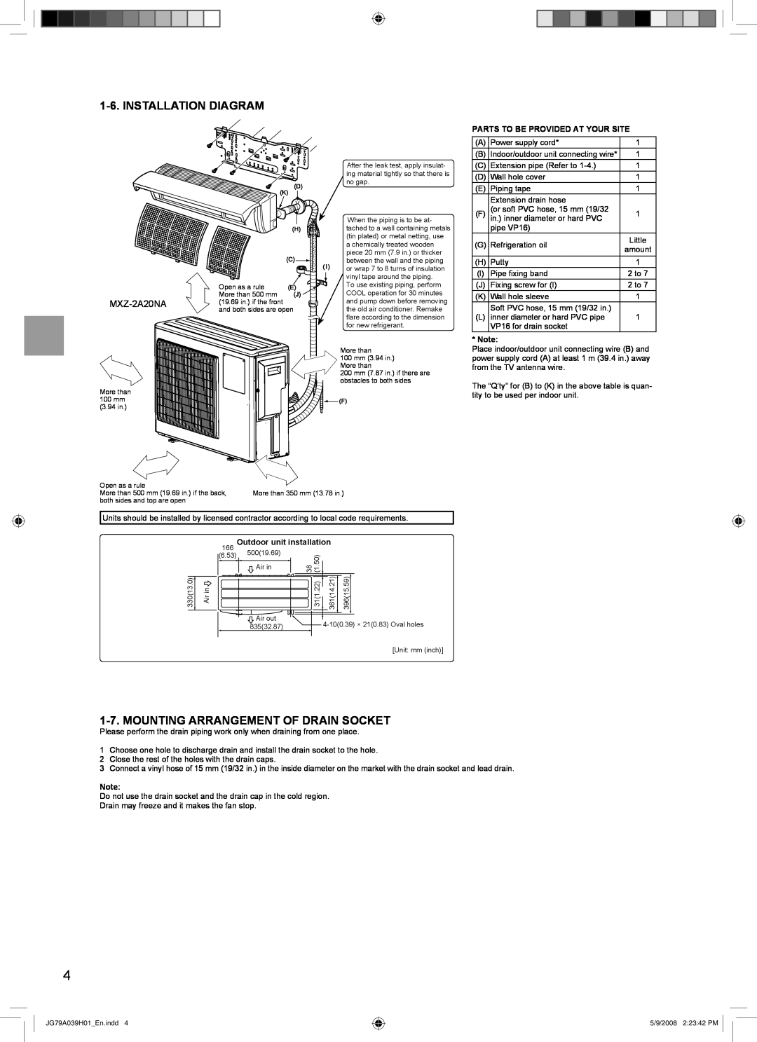 Mitsubishi Electronics MXZ-2A20NA installation manual Installation Diagram, Mounting Arrangement Of Drain Socket 