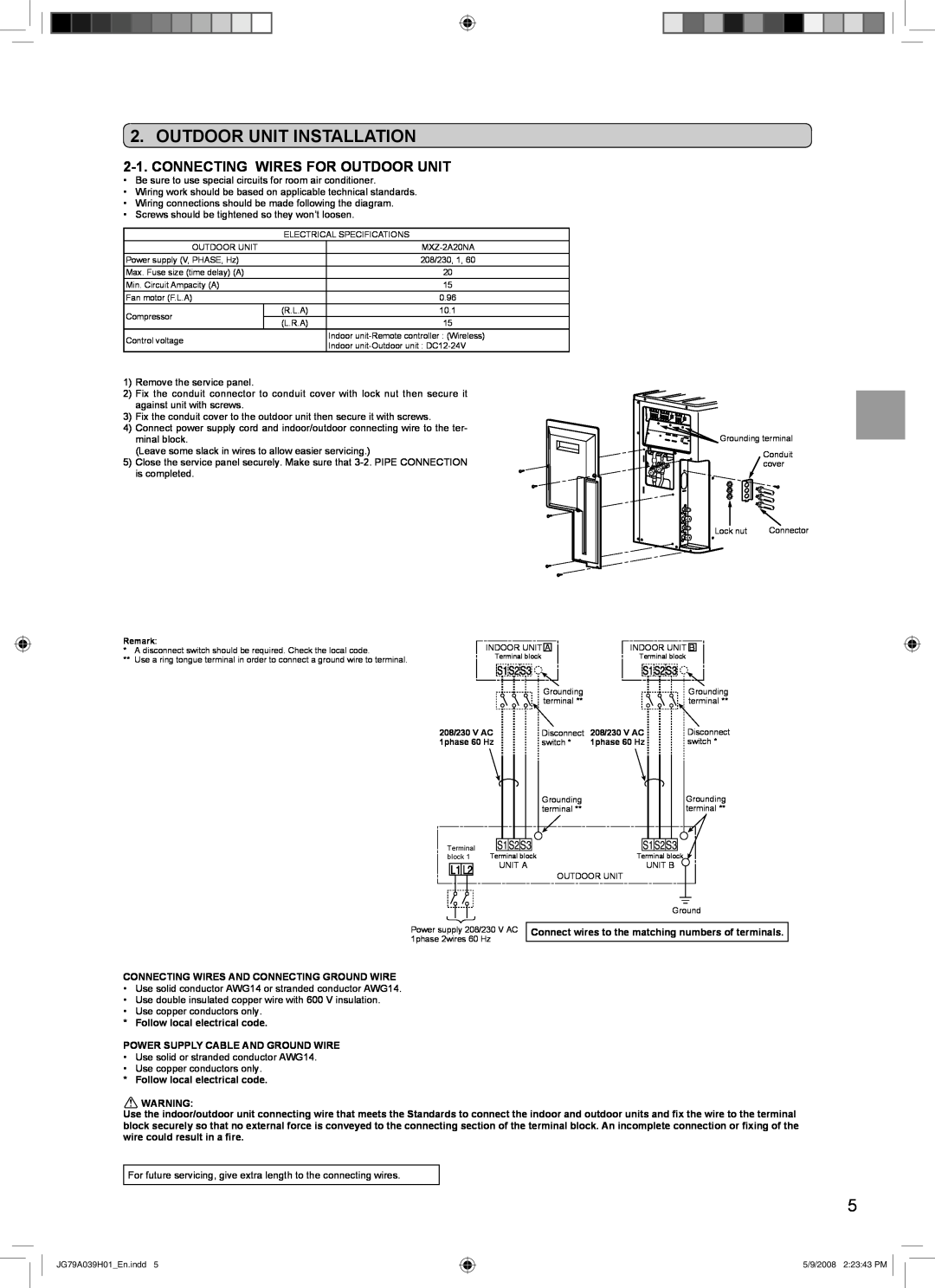 Mitsubishi Electronics MXZ-2A20NA installation manual Outdoor Unit Installation, Connecting Wires For Outdoor Unit 
