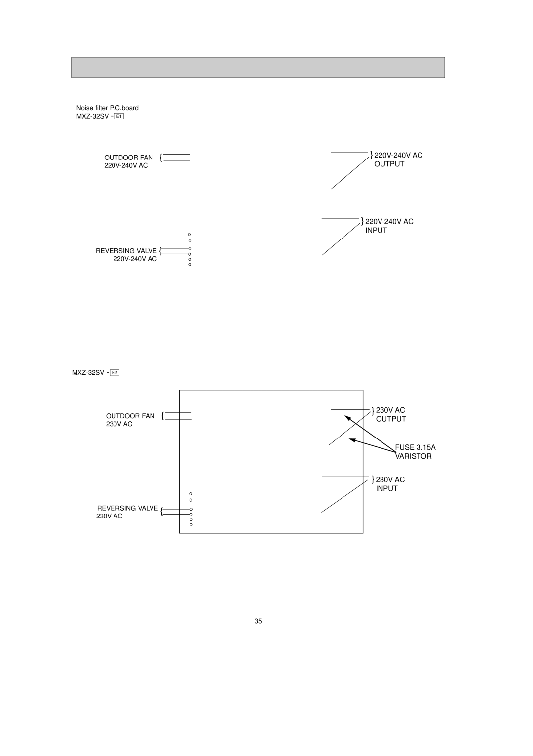 Mitsubishi Electronics Noise filter P.C.board MXZ-32SV E1, Outdoor FAN 220V-240V AC Reversing Valve 220V-240V AC 