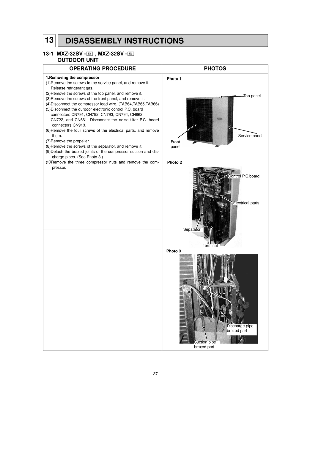 Mitsubishi Electronics MXZ-32SV service manual Disassembly Instructions, Outdoor Unit Operating Procedure Photos 