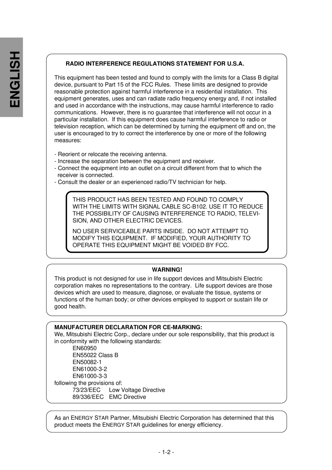 Mitsubishi Electronics NFJ9905SKHUW manual Radio Interference Regulations Statement for U.S.A 