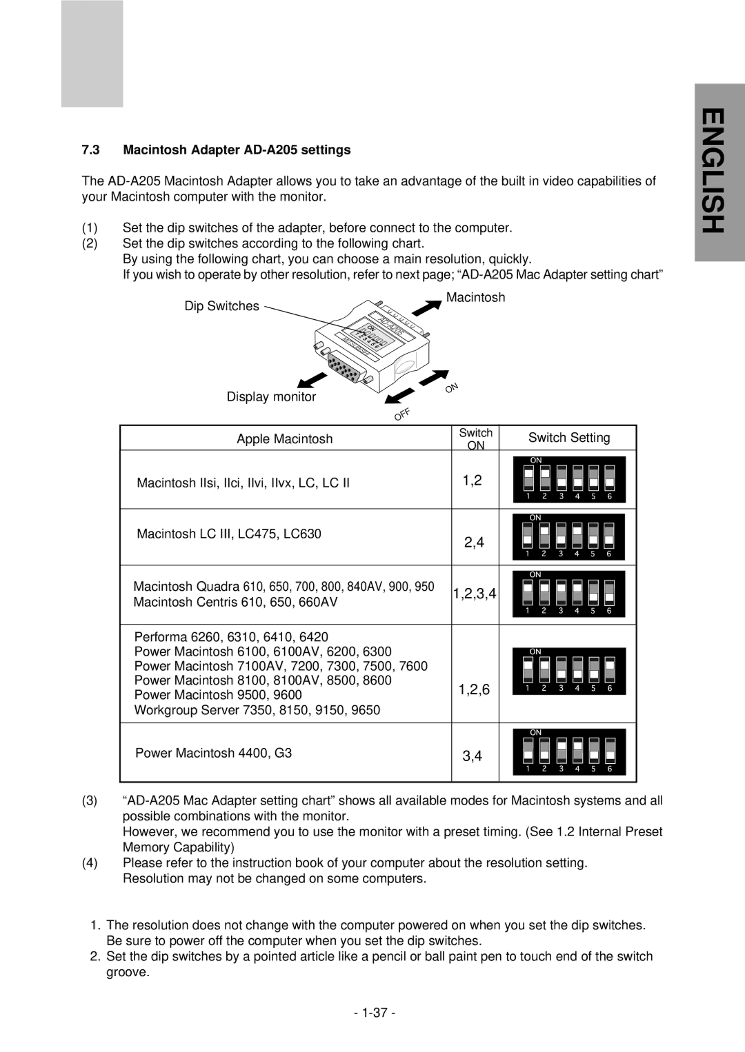 Mitsubishi Electronics NFJ9905SKHUW manual 3,4, Macintosh Adapter AD-A205 settings 