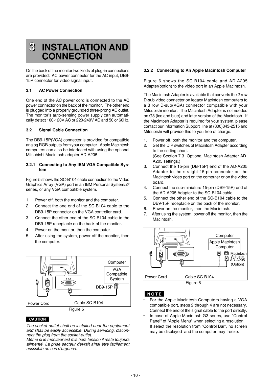 Mitsubishi Electronics NFL9905STTFW manual Installation and Connection, AC Power Connection, Signal Cable Connection 