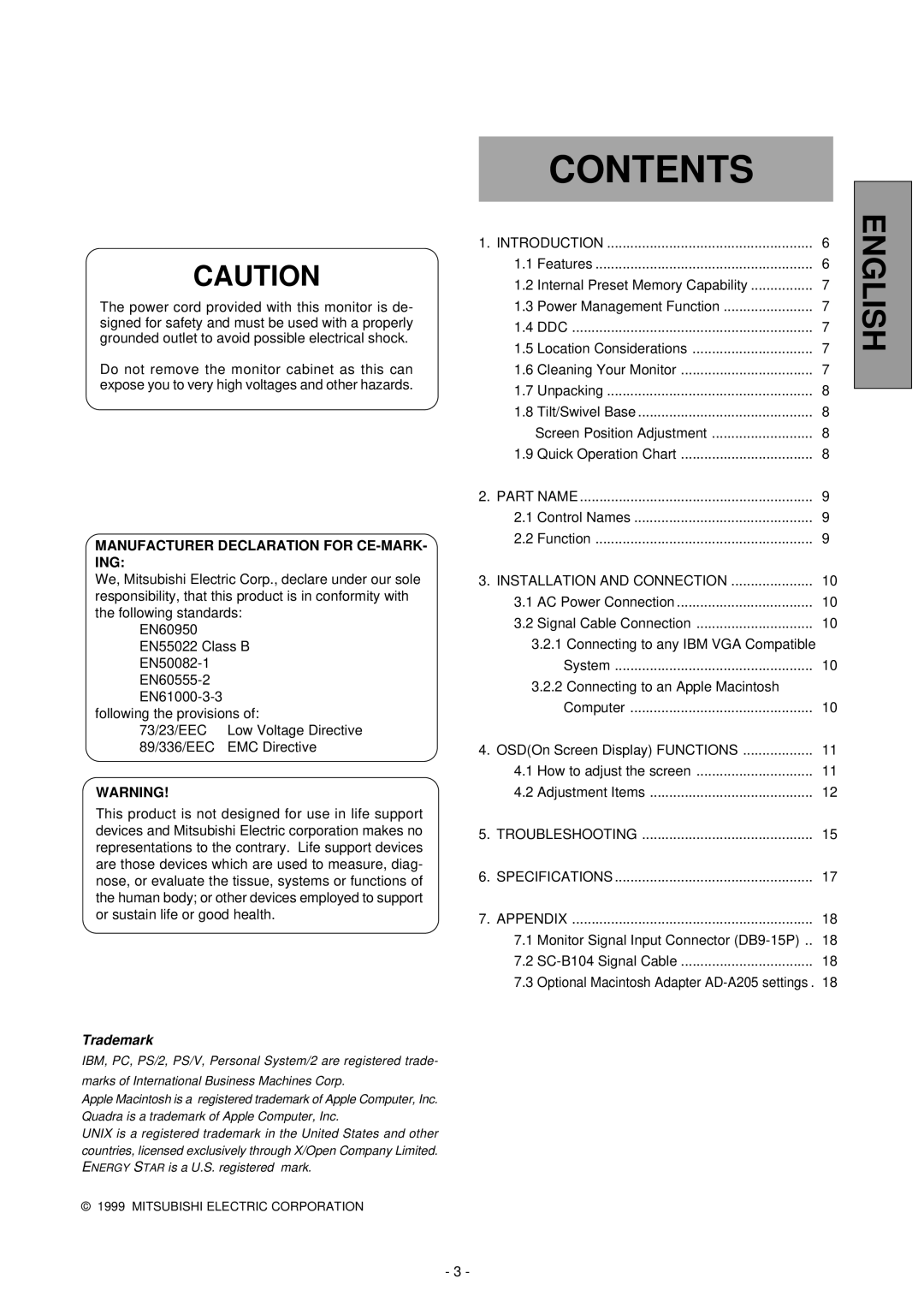 Mitsubishi Electronics NFL9905STTFW manual Contents 