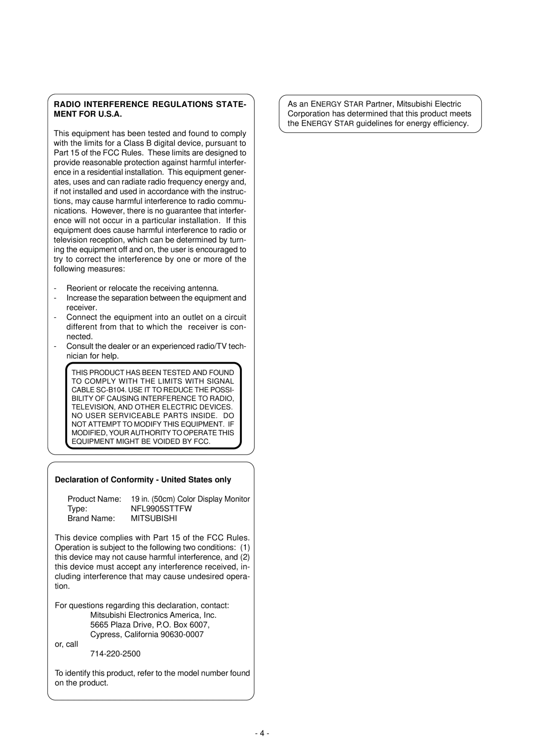 Mitsubishi Electronics NFL9905STTFW manual Radio Interference Regulations STATE- Ment for U.S.A 