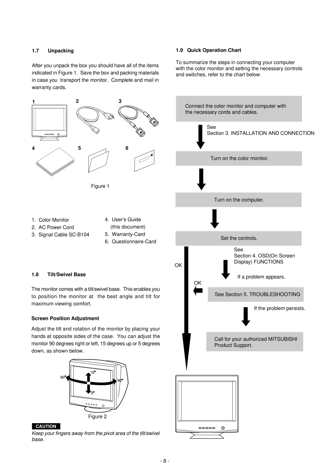 Mitsubishi Electronics NFL9905STTFW manual Unpacking, Quick Operation Chart, Tilt/Swivel Base, Screen Position Adjustment 