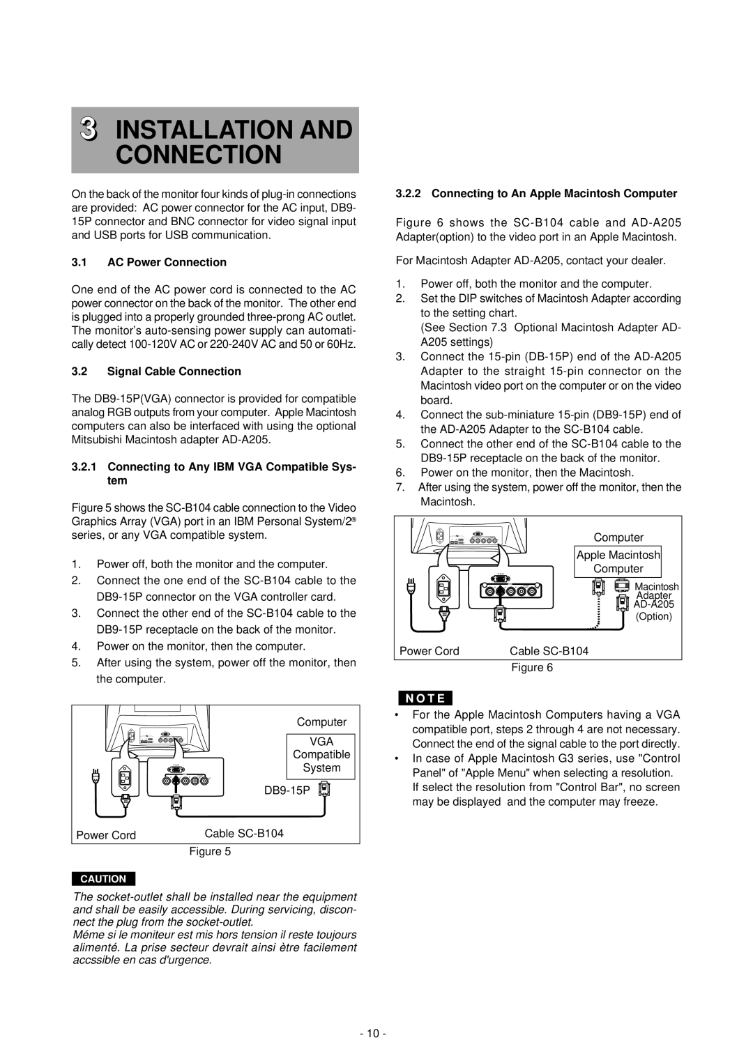 Mitsubishi Electronics NSB1107STTUW manual Installation and Connection, AC Power Connection, Signal Cable Connection 