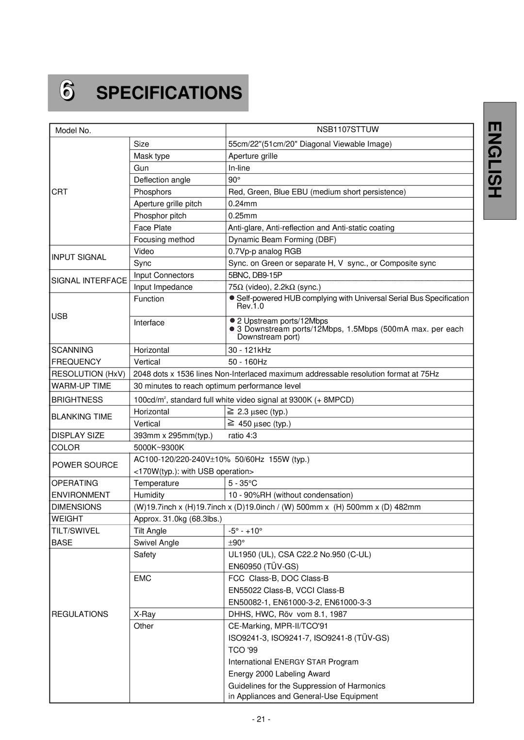 Mitsubishi Electronics NSB1107STTUW manual Specifications 