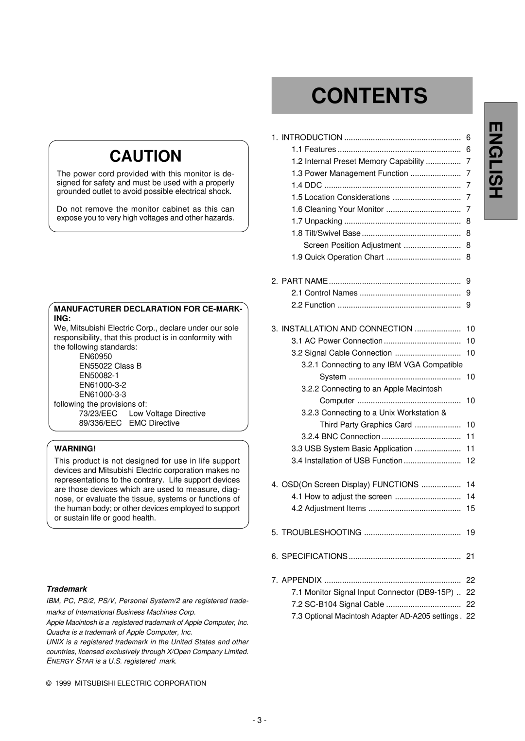 Mitsubishi Electronics NSB1107STTUW manual Contents 