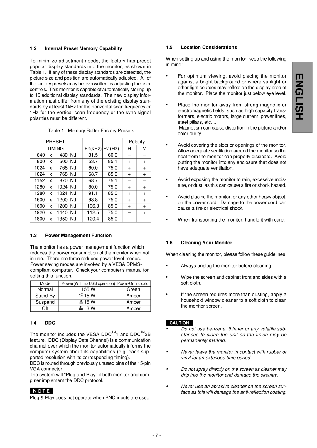 Mitsubishi Electronics NSB1107STTUW manual Internal Preset Memory Capability, Power Management Function, Ddc 