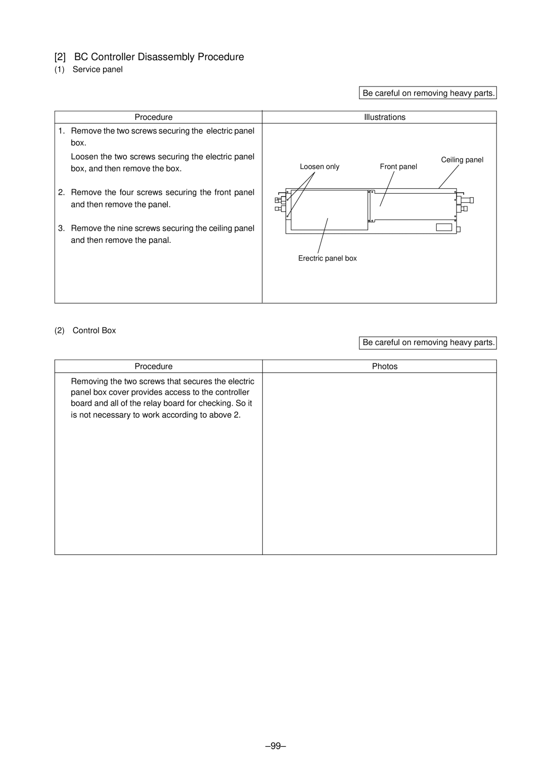 Mitsubishi Electronics PURY-P400, P500YMF-C specifications BC Controller Disassembly Procedure, Service panel, Control Box 