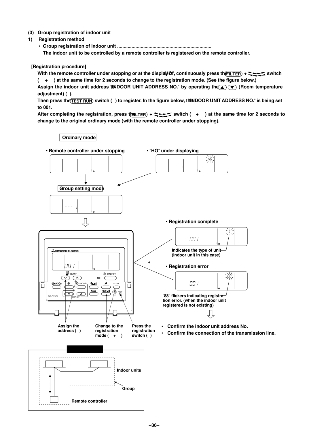 Mitsubishi Electronics P500YMF-C, PURY-P400 specifications Group registration of indoor unit, Registration procedure 