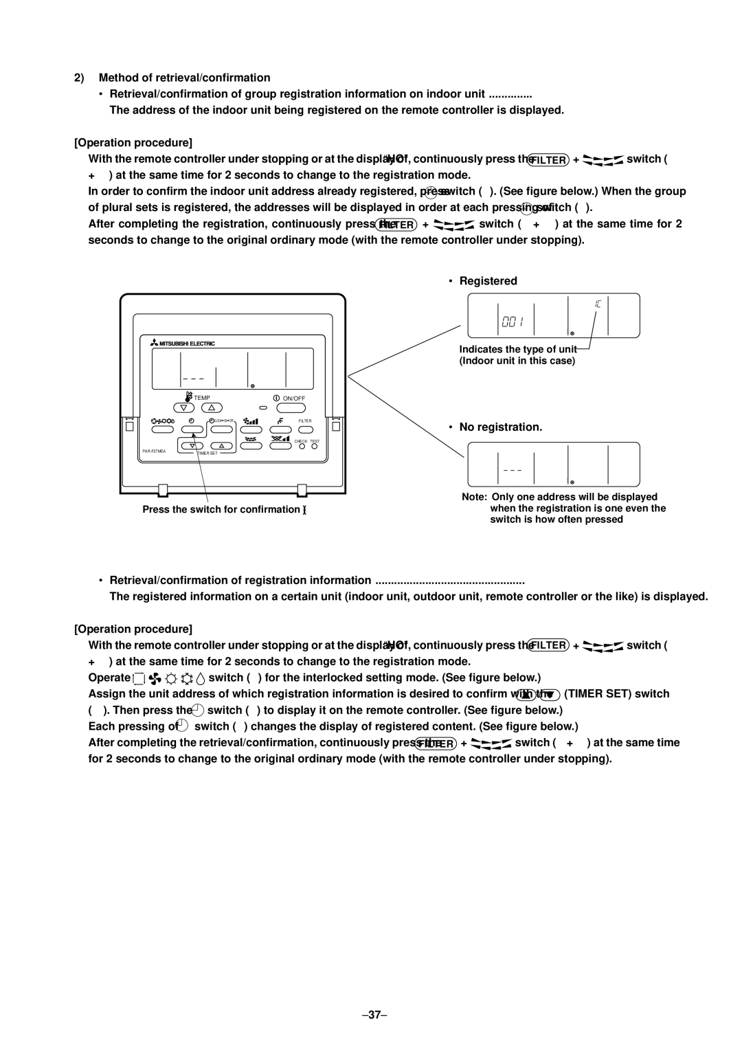 Mitsubishi Electronics PURY-P400, P500YMF-C specifications Operation procedure, No registration, Indoor unit in this case 