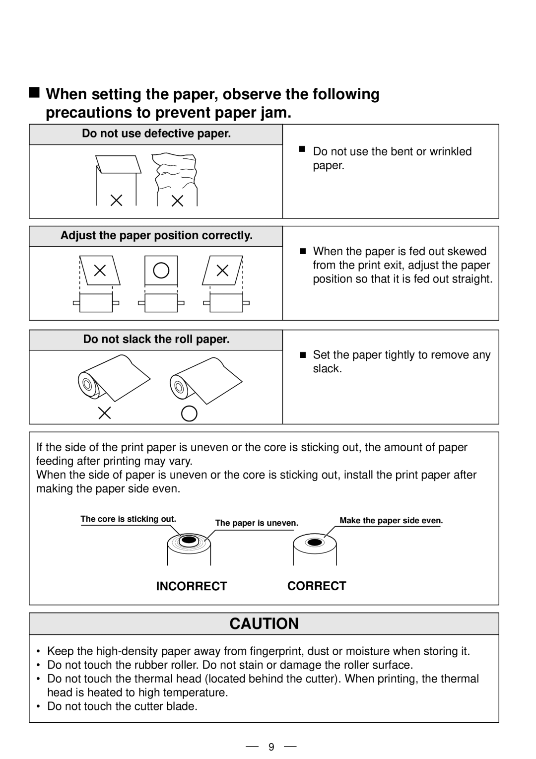 Mitsubishi Electronics P91DW Do not use defective paper, Adjust the paper position correctly, Do not slack the roll paper 