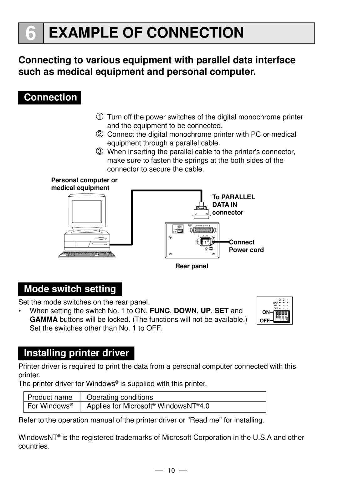 Mitsubishi Electronics P91DW operation manual Example of Connection, Mode switch setting, Installing printer driver 