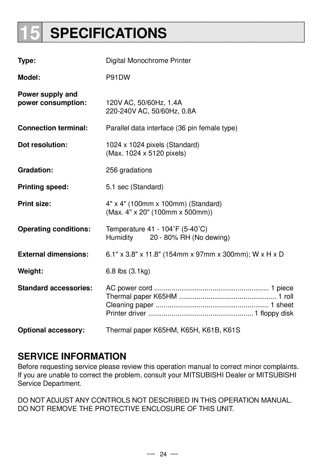 Mitsubishi Electronics P91DW operation manual Specifications 