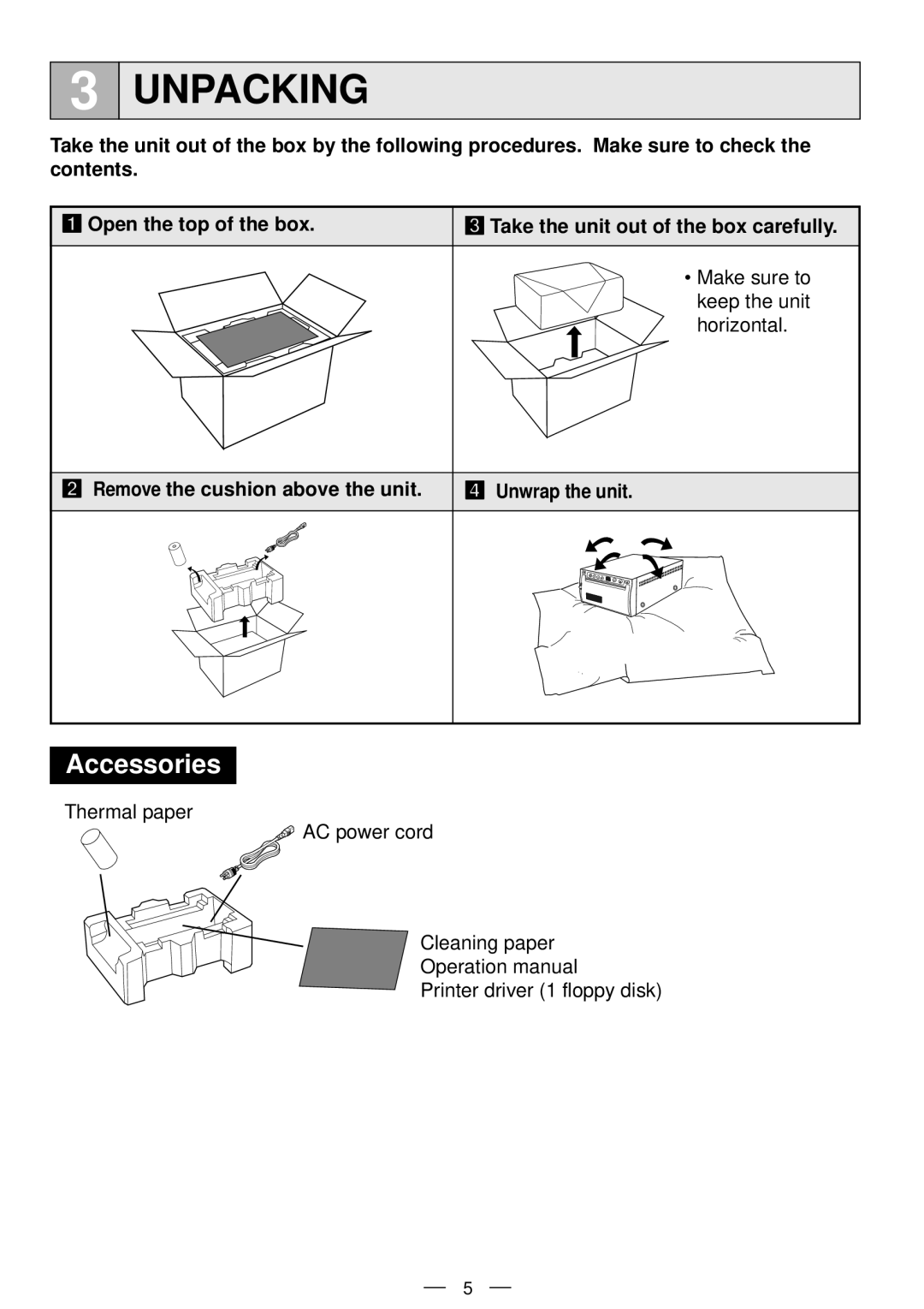 Mitsubishi Electronics P91DW operation manual Unpacking, Accessories, Remove the cushion above the unit Unwrap the unit 