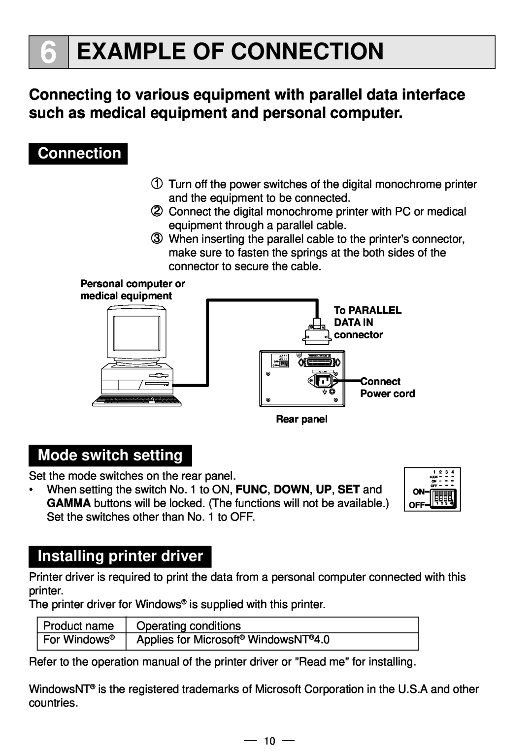 Mitsubishi Electronics P91DW operation manual Example Of Connection, Mode switch setting, Installing printer driver 