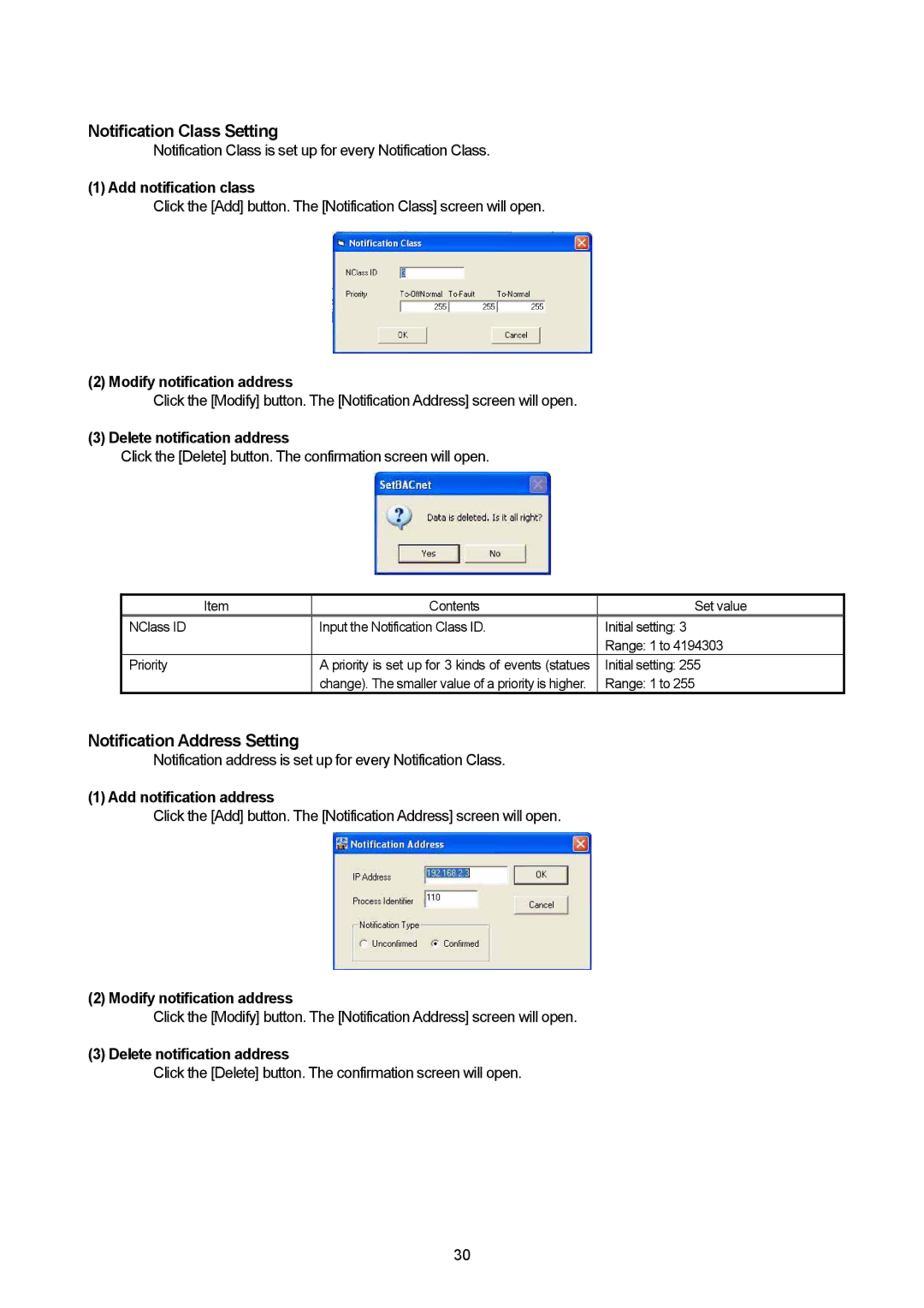 Mitsubishi Electronics PAC-YG31CDA Notification Class Setting, Notification Address Setting, Add notification class 