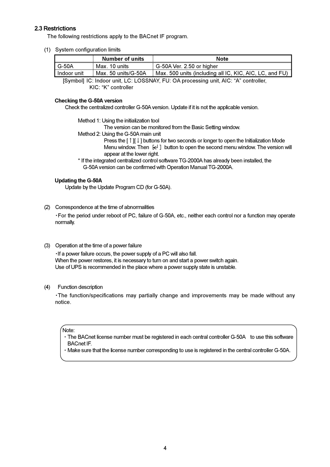 Mitsubishi Electronics PAC-YG31CDA Restrictions, Number of units, Checking the G-50A version, Updating the G-50A 