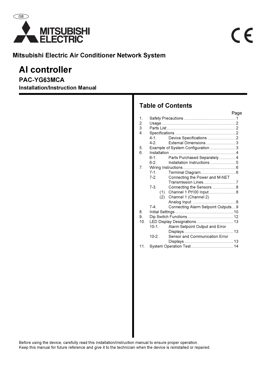 Mitsubishi Electronics PAC-YG63MCA instruction manual AI controller 