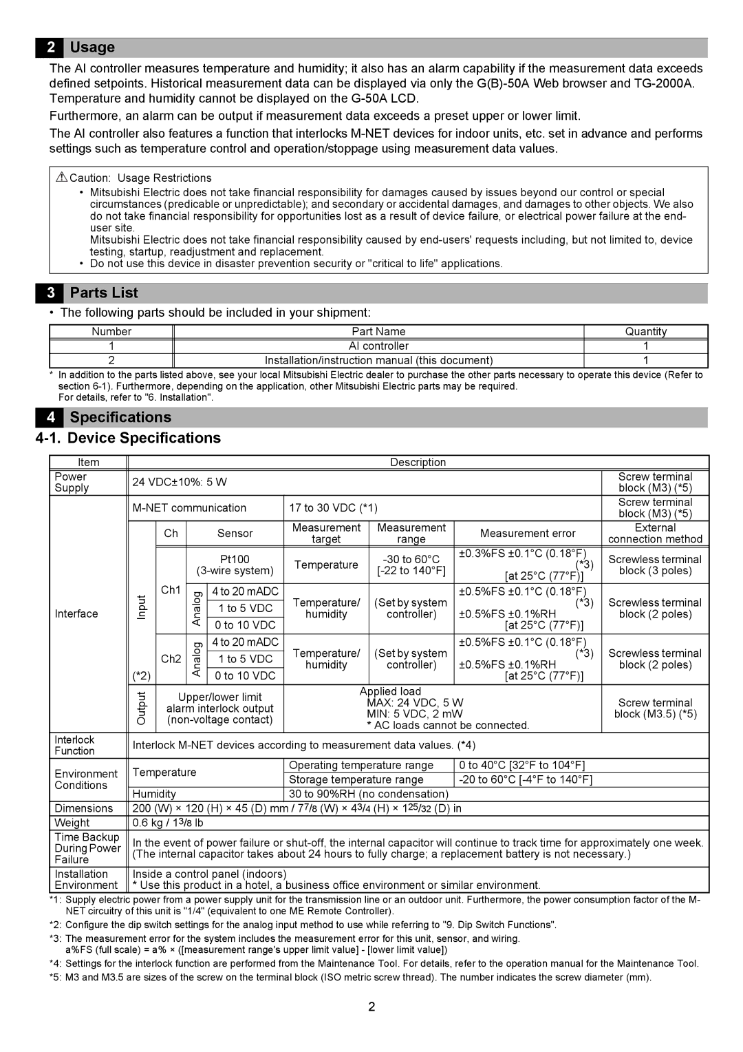 Mitsubishi Electronics PAC-YG63MCA instruction manual Usage, Parts List, Specifications Device Specifications 