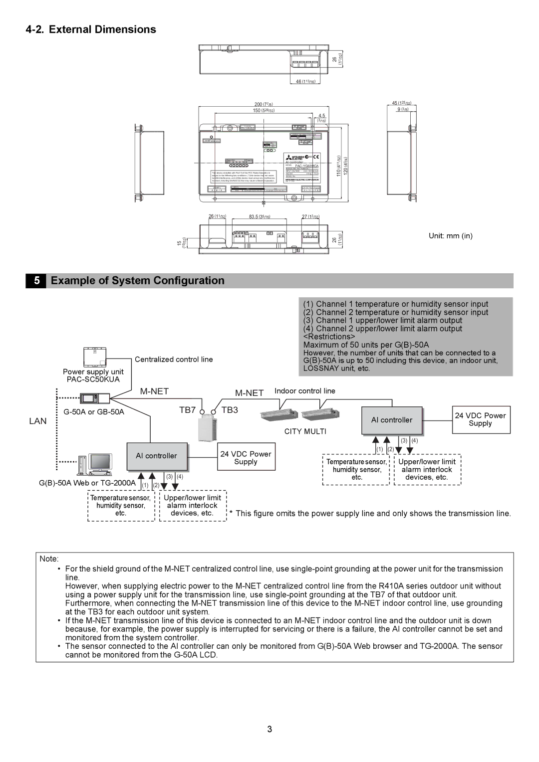 Mitsubishi Electronics PAC-YG63MCA instruction manual External Dimensions, Example of System Configuration 