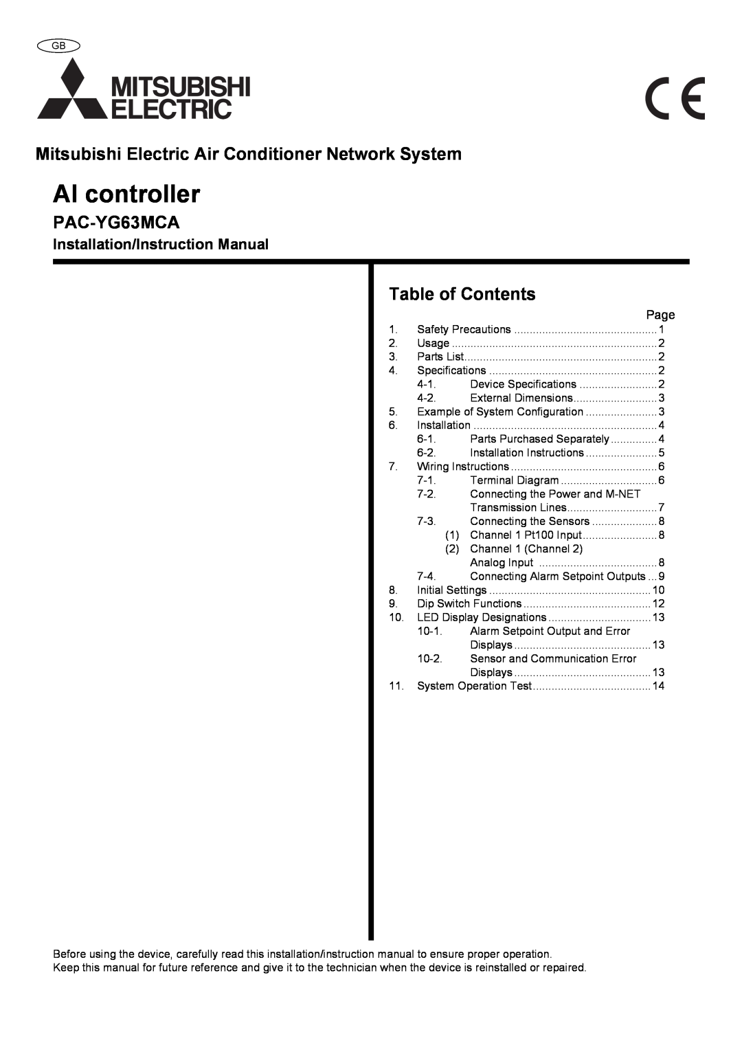 Mitsubishi Electronics PAC-YG63MCA instruction manual Installation/Instruction Manual, AI controller, Table of Contents 
