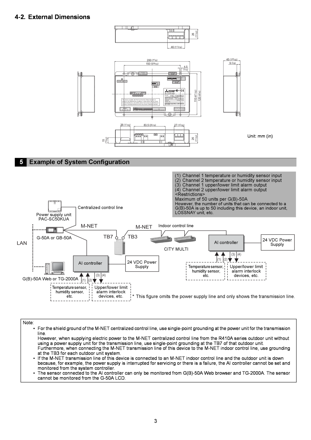 Mitsubishi Electronics PAC-YG63MCA instruction manual External Dimensions, Example of System Configuration 