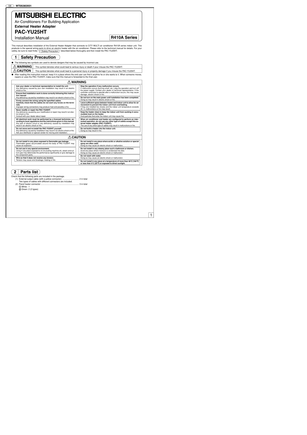 Mitsubishi Electronics PAC-YU25HT installation manual R410A Series, Safety Precaution, Parts list 