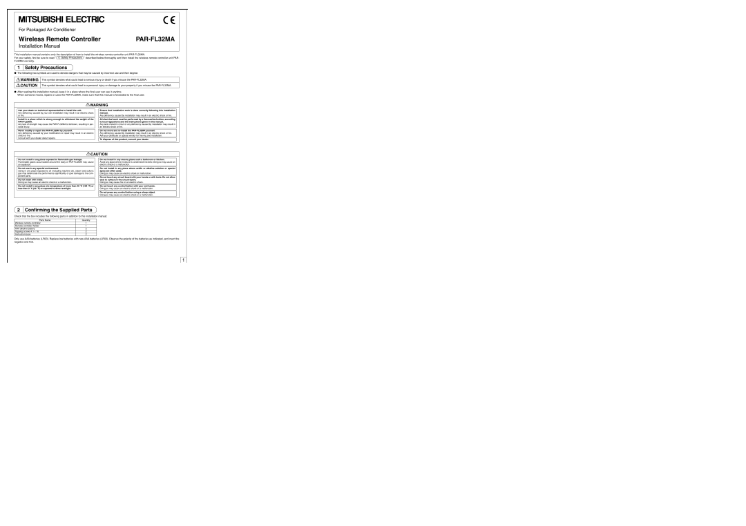 Mitsubishi Electronics PAR-FL32MA installation manual Safety Precautions, Confirming the Supplied Parts 