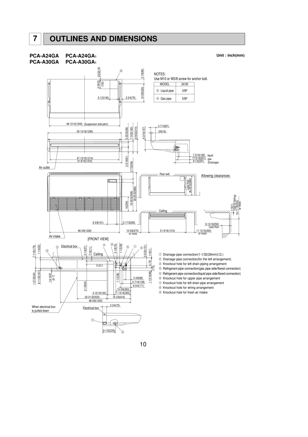 Mitsubishi Electronics service manual Outlines and Dimensions, PCA-A24GA PCA-A24GA1 PCA-A30GA PCA-A30GA1 