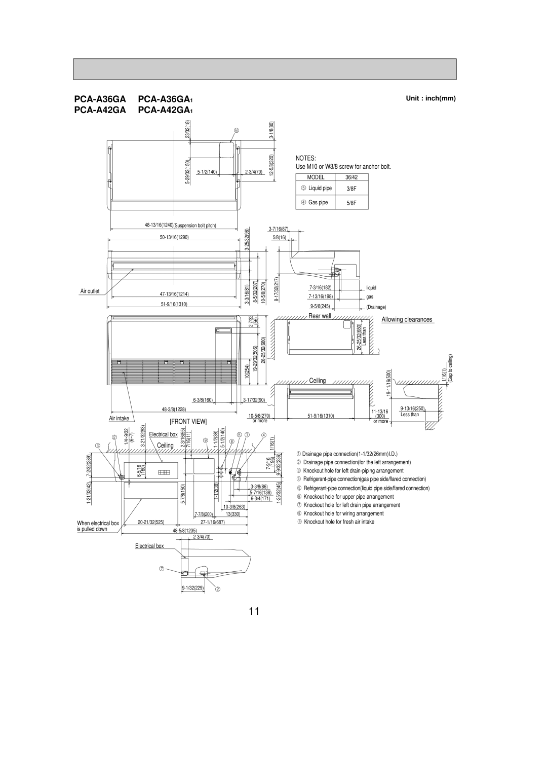 Mitsubishi Electronics PCA-A24GA service manual PCA-A36GA PCA-A42GA PCA-A36GA1 PCA-A42GA1, Unit inchmm 