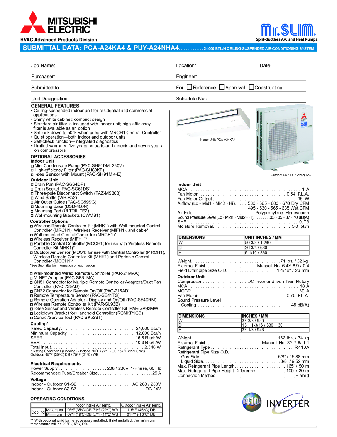 Mitsubishi Electronics PUY-A24NHA4, PCA-A24KA4 dimensions General Features, Optional Accessories, Operating Conditions 