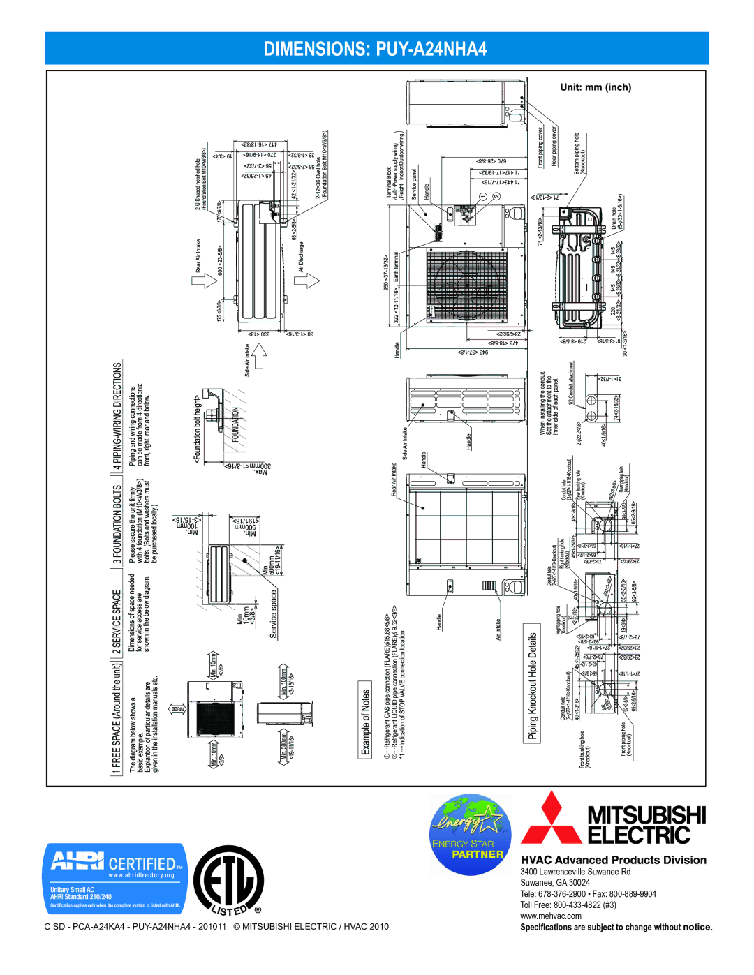 Mitsubishi Electronics PCA-A24KA4 dimensions Dimensions PUY-A24NHA4 