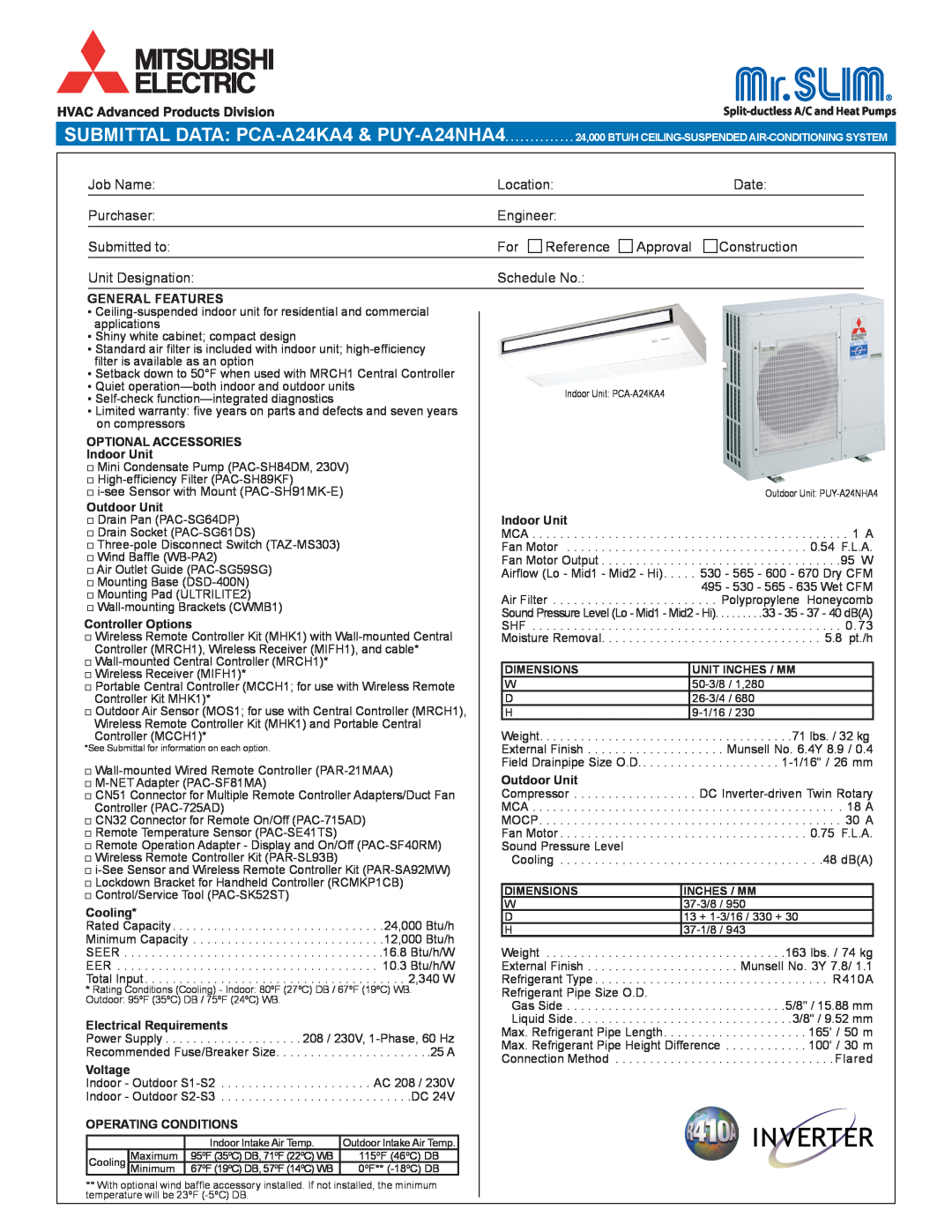 Mitsubishi Electronics PUY-A24NHA4, PCA-A24KA4 dimensions Job Name 