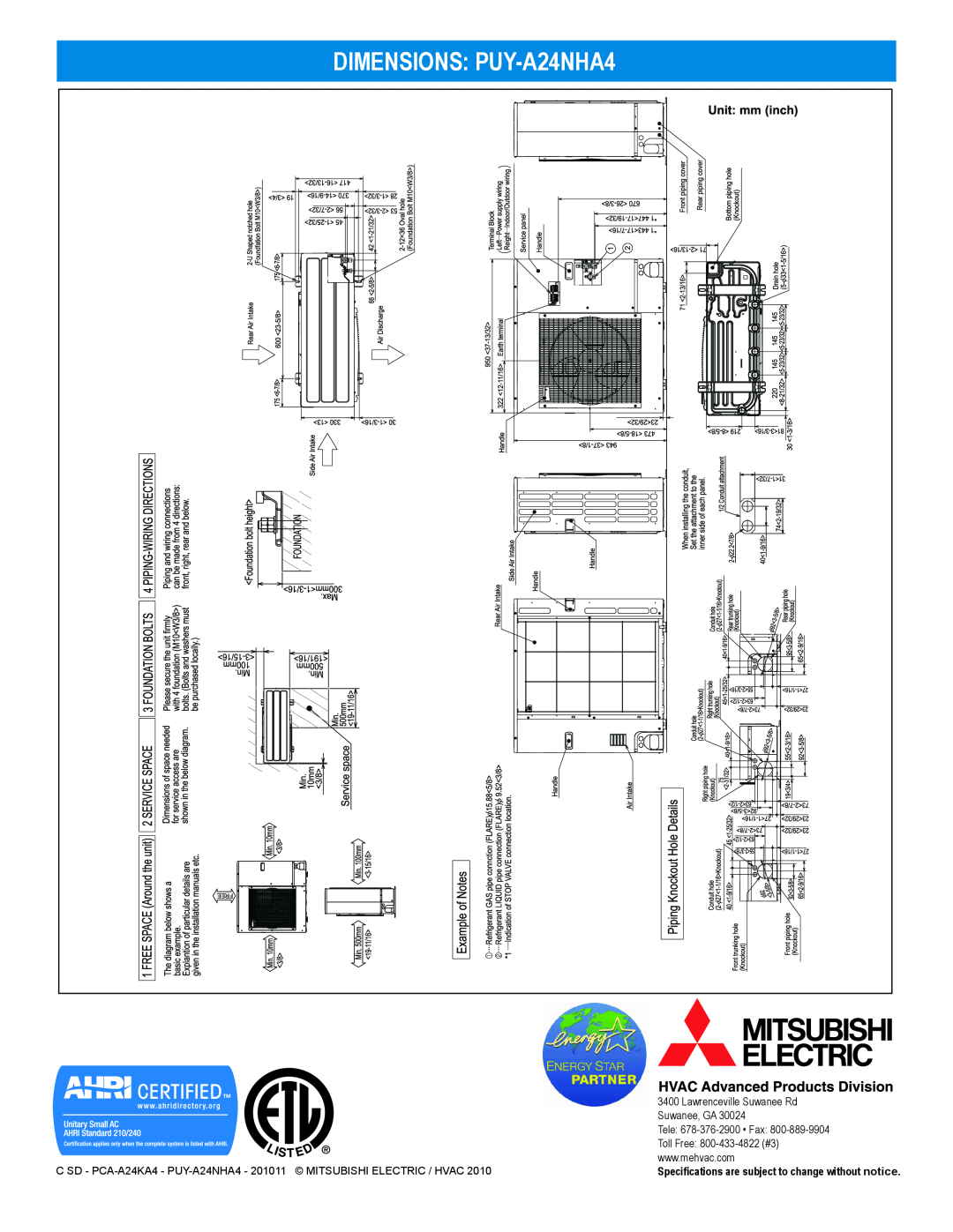 Mitsubishi Electronics PCA-A24KA4 DIMENSIONS PUY-A24NHA4, Lawrenceville Suwanee Rd, Suwanee, GA, Tele 678-376-2900 Fax 